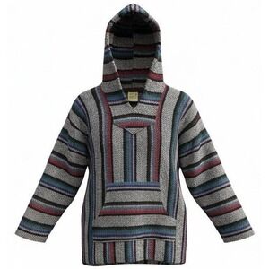 Vintage Franks Textiles Multicolor Striped Baja Hoodie Hippie Poncho Med Sweater